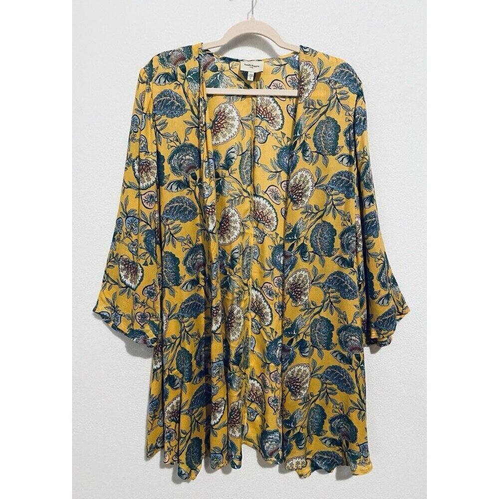 Haute Hippie Tribe Top Womens Large Yellow Floral Open Front Kimono Boho Beachy